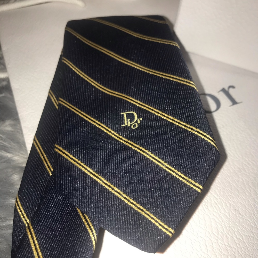 Authentic Christian Dior Navy Blue Yellow Tie
